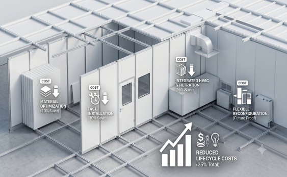 Apple-style technical infographic displaying modular cleanroom construction cost breakdown and pure white sandwich panel assembly overhead