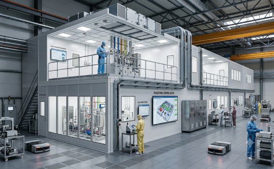 Wide-angle internal engineering shot displaying a certified cleanroom partition configuration utilizing pure white panels and integrated structural grids
