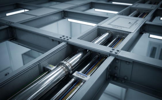 Close-up view of technician securing the interlocking airtight joints on a folding laboratory wall module