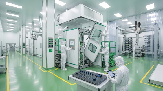 Engineers unfolding hinged wall panels of a prefabricated modular cleanroom during rapid on-site deployment