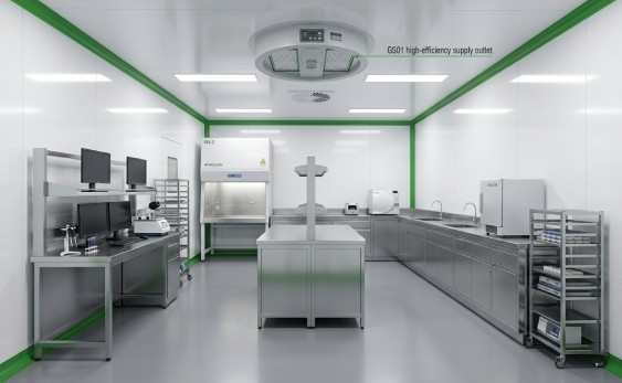 Interior look of a mobile container laboratory highlighting a rigid cleanroom partition system layout engineered to optimize hardwall vs softwall cleanrooms air balancing metrics