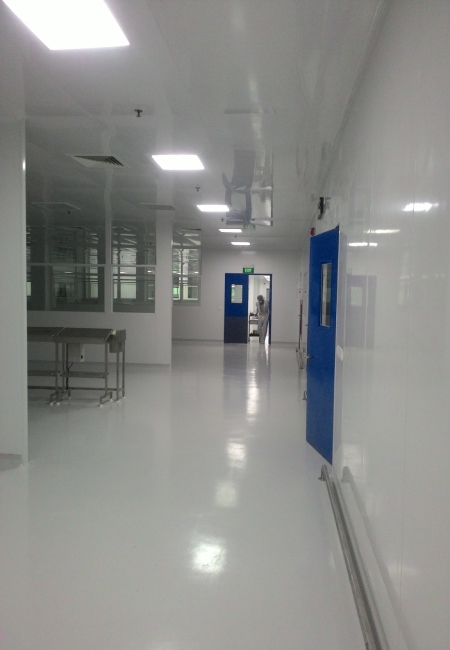 Pharmaceutical cleanroom corridor with flush wall panels and cleanable ceiling joints
