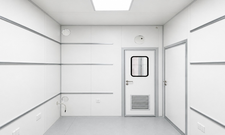 Cleanroom wall panel interior with utility penetrations sealed door and return grille