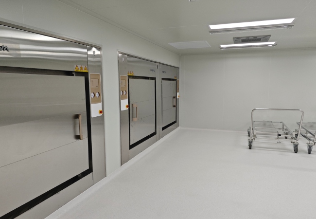 Real sterile compounding cleanroom suite with cleanroom doors windows and HEPA ceiling supply